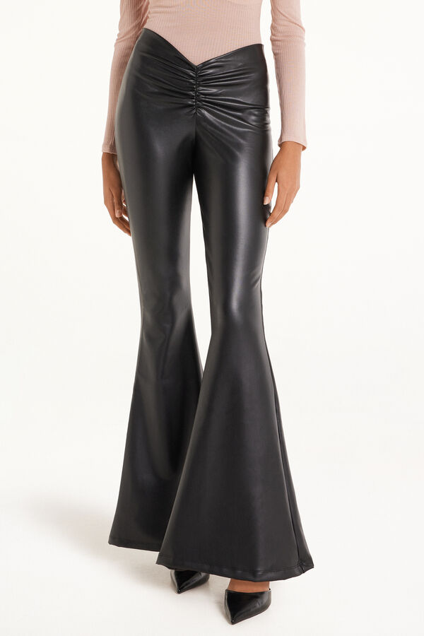Coated-Effect Flared Trousers with Gathered Waist  