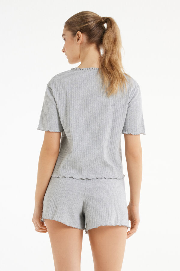 Half Sleeve Perforated Ribbed Cotton Short Pajamas  
