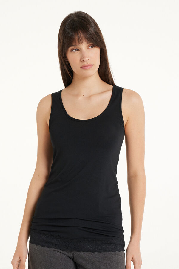 Long Wide Shoulder Strap Viscose Camisole with Lace  