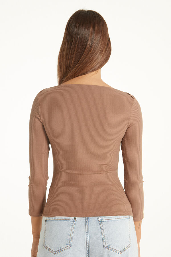 3/4 Length Sleeve Ribbed Top with Boat Neck  