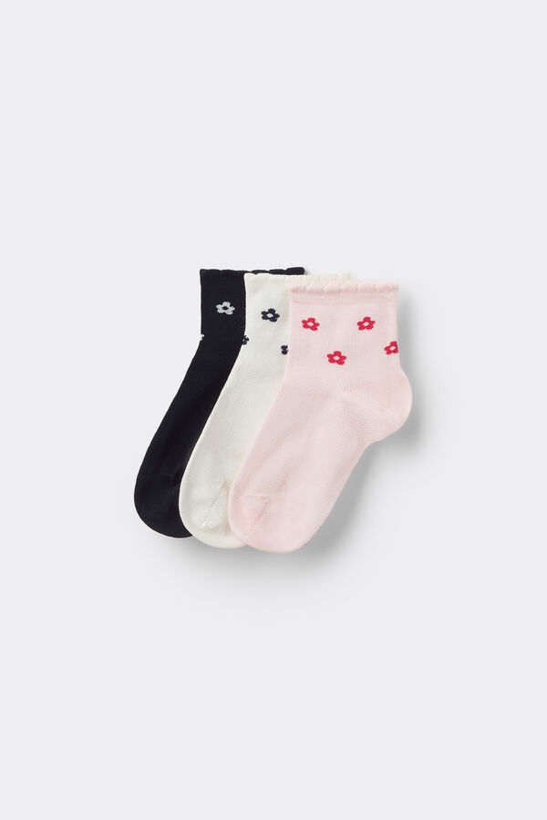 3 Pairs of Girls' Short Patterned Scalloped Cotton Socks  