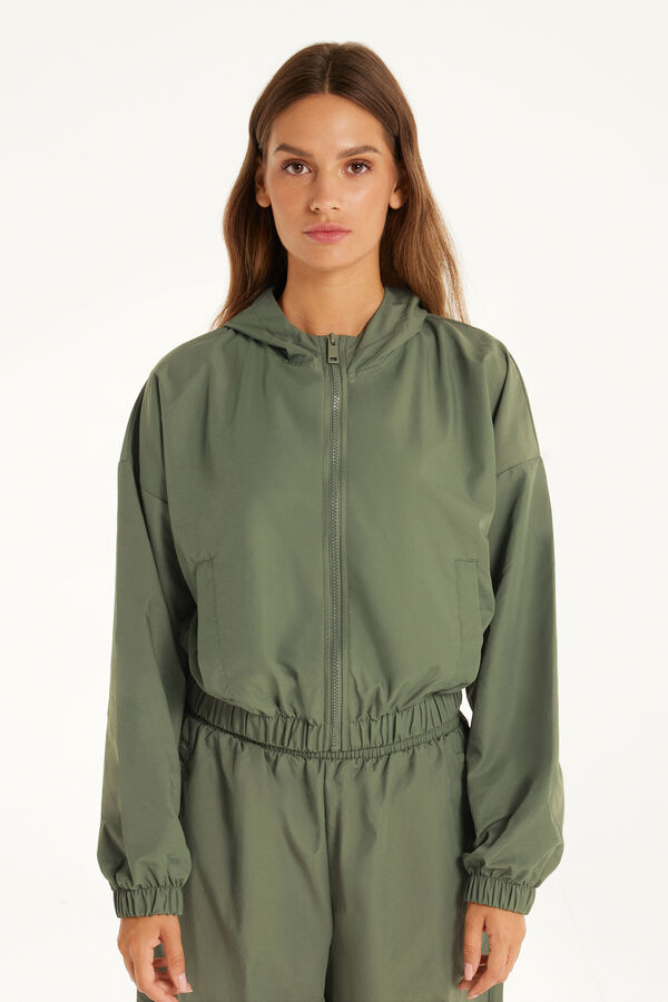 Jacket/Short Jacket with a Zip and Hood in Technical Fabric  