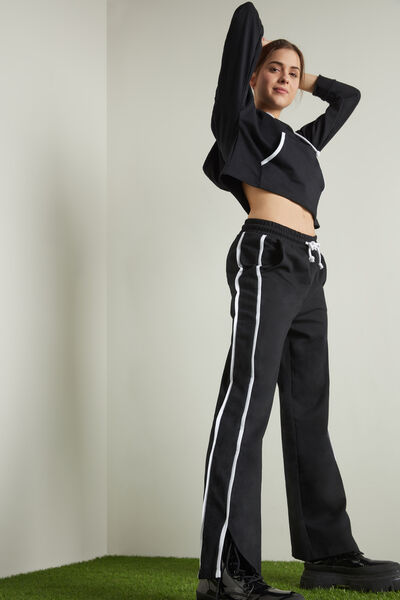 Wide-Leg Cotton Fleece Trousers with Slits and Piping