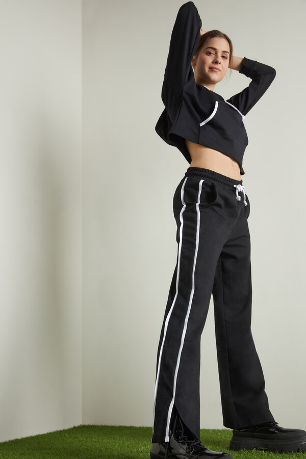 Wide-Leg Cotton Fleece Trousers with Slits and Piping  