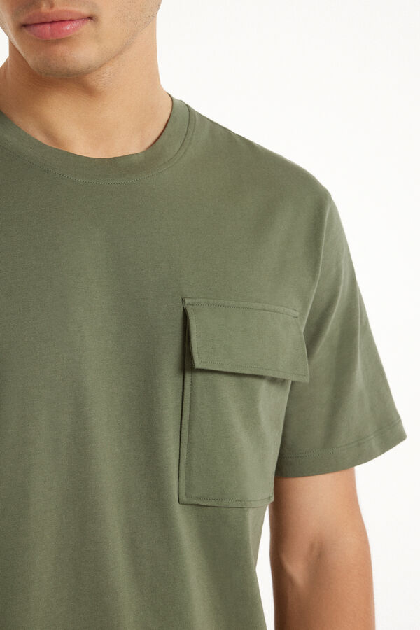Βαμβακερό T-Shirt Στρογγυλή Λαιμόκοψη με Τσεπάκι  