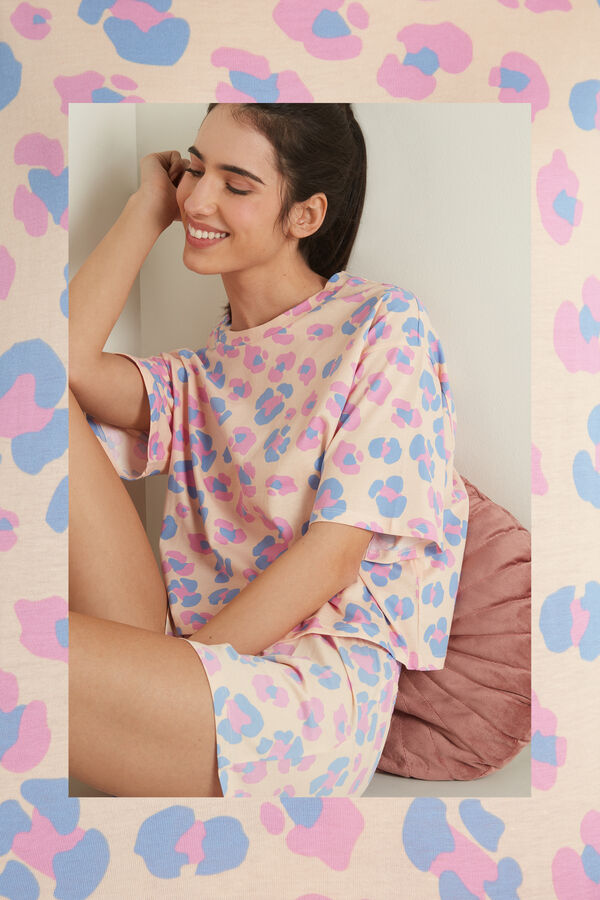 Kurzer Baumwoll-Pyjama mit halblangen Ärmeln und Leopardenprint  