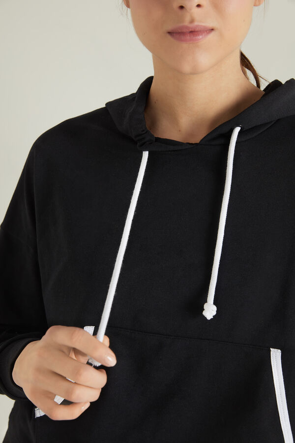 Short Cotton Hooded Sweatshirt with Piping  