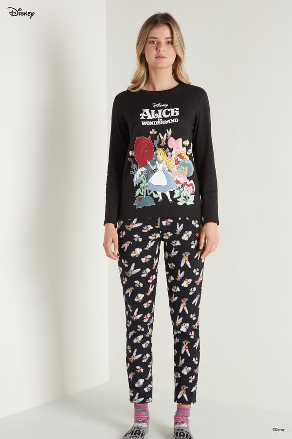 Pyjama Long en Coton Épais avec Imprimé Disney Alice Noir  