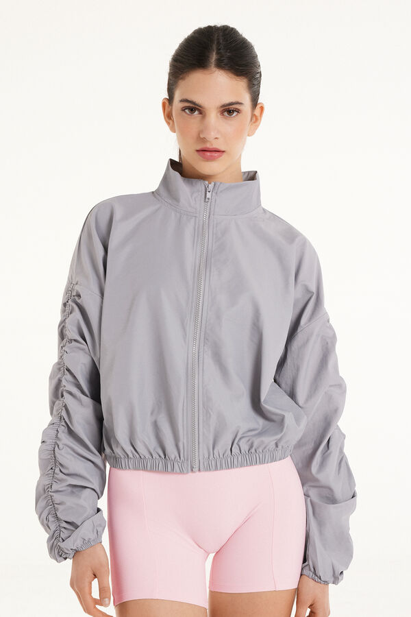 Jacket with a Zip in Technical Fabric with Gatherings  