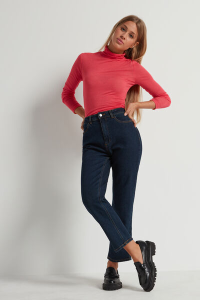 Straight-Fit High-Waisted Denim Trousers with Pockets