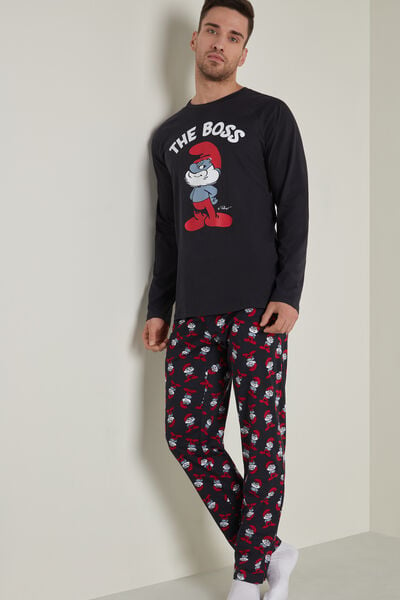 Langer Pyjama aus Baumwolle mit Schlumpf-Print Boss