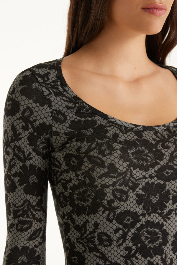 Long-Sleeved Shirt with Wide-Neck and Printed Viscose  