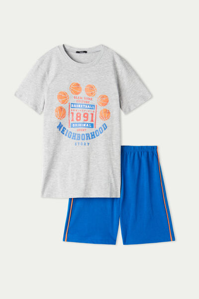 Krátké Chlapecké Bavlněné Pyžamo Potisk Basketball
