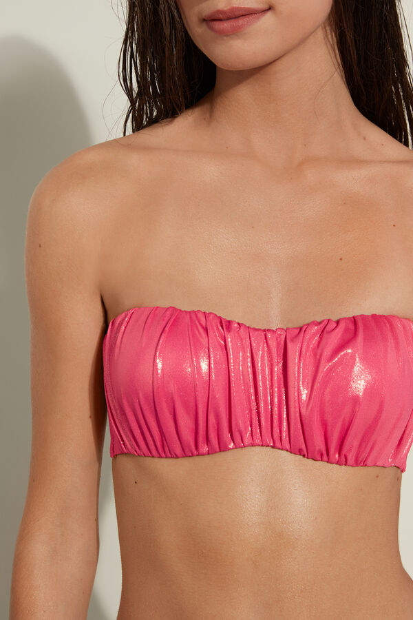 Shiny Padded Bandeau Bikini Top with Gathering  