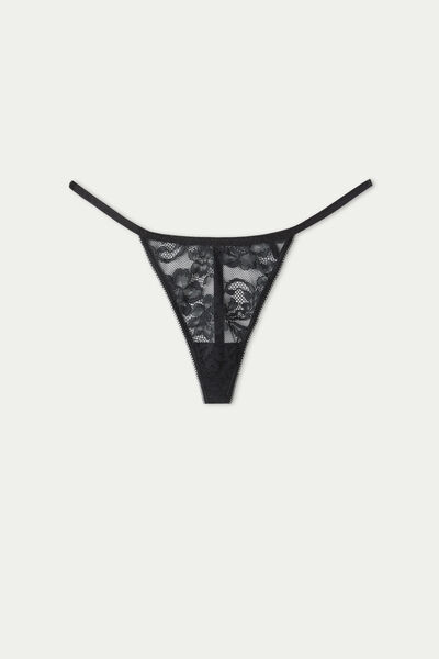High-Cut Lace String Thong with Rhinestone Lettering