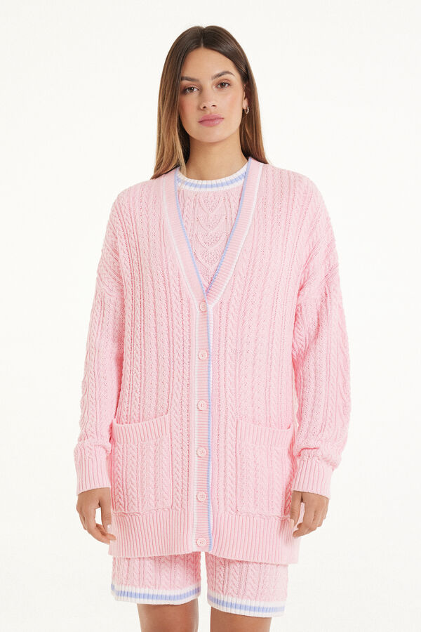 Long-Sleeved Cable-Knit Long Cardigan with Pockets  