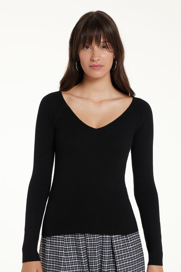 Long-Sleeved V-Neck Heavy Ribbed Jersey with Wool  
