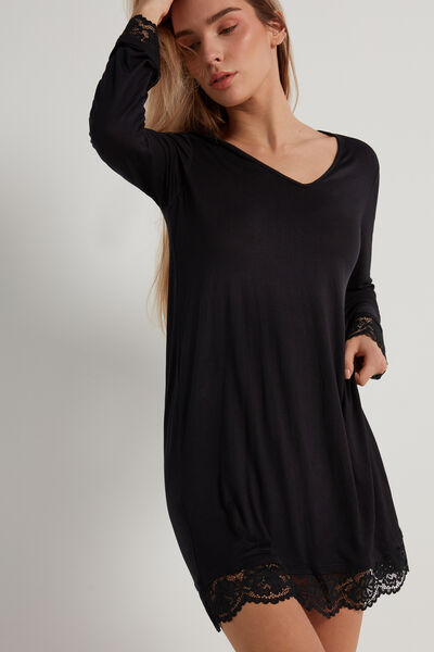 Long-Sleeved Viscose and Lace Nightdress