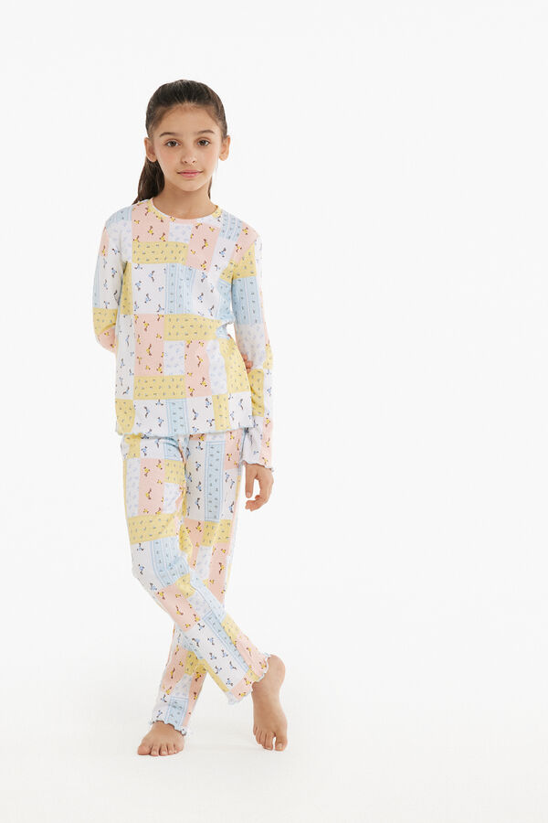 Girls’ Long Heavy Cotton Pyjamas with Floral Patch Print  