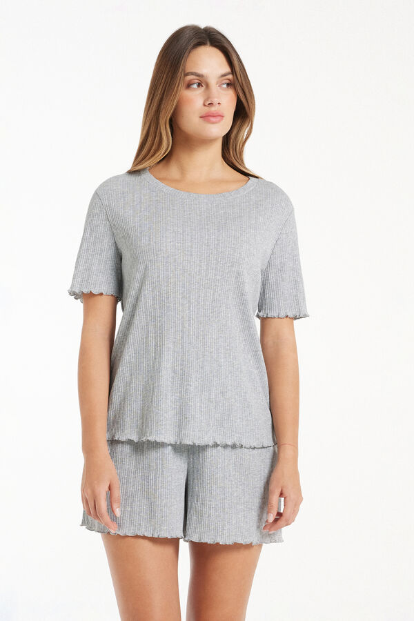 Short Ribbed Cotton Pyjamas with Short Sleeves and Rolled Hem  