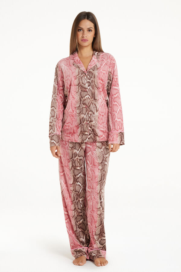 Langer Pyjama aus Mikrofleece mit durchgeknöpftem Oberteil und Python-Print  