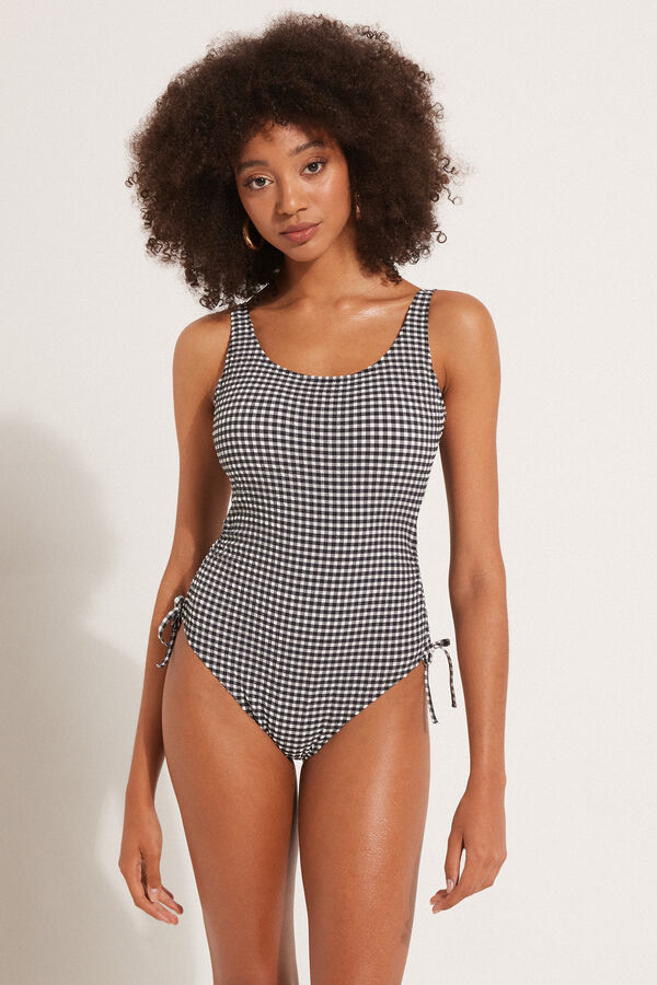 Classy Vichy One-Piece Lightly Padded Swimsuit with Drawstring  