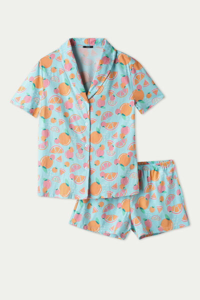 Kurzer Pyjama mit Knopfleiste und Orangenprint