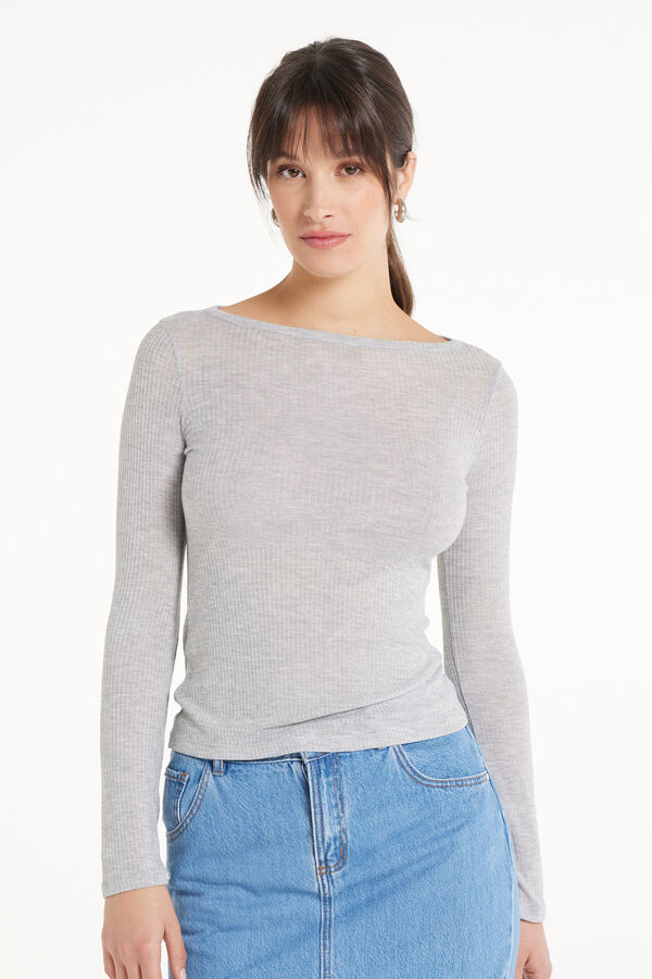 Ultralight Ribbed Viscose Top with Boat Neck and Long Sleeves  