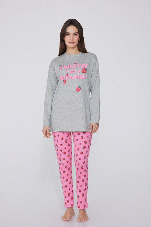 Pijama Comprido Algodão Estampado Morango  