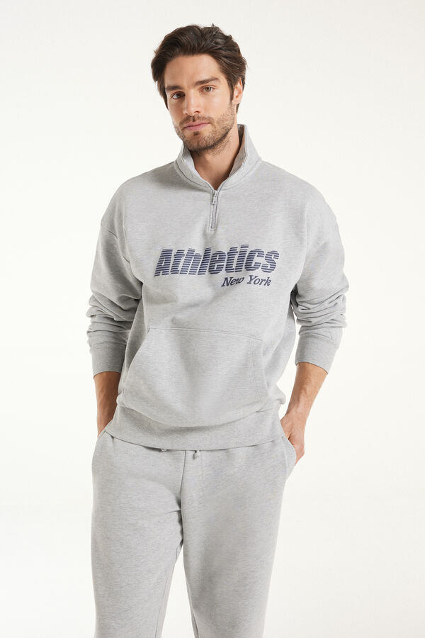 Thick Long-Sleeved Sweatshirt with Zip and Print  