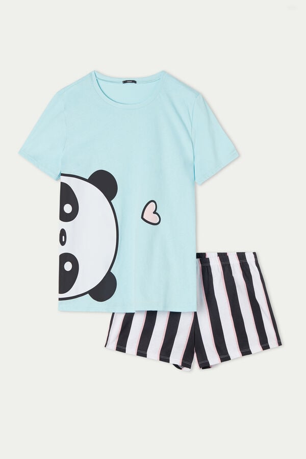 Krátké Bavlněné Pyžamo Potisk Panda  