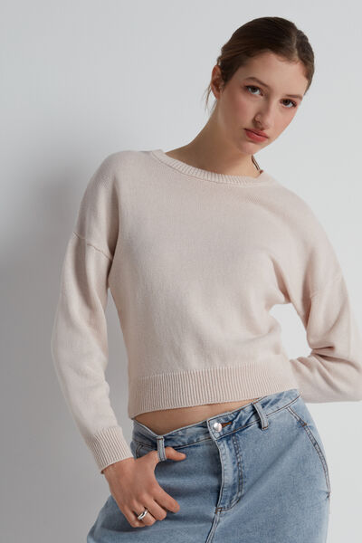Long Sleeve Cotton Sweater with Rounded Neck