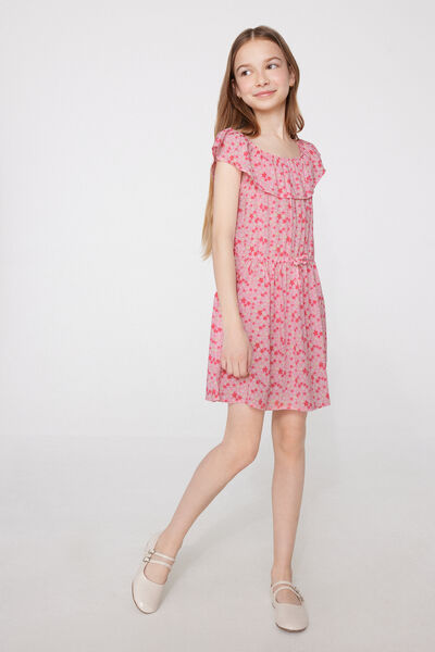 Viscose Canvas Dress with Ruffles