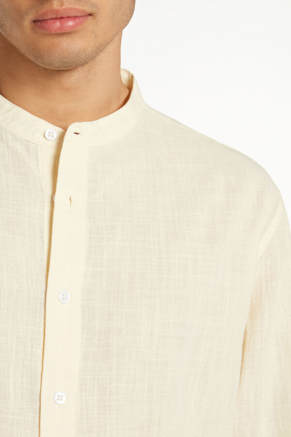 Long Sleeve Band Collar Men’s Shirt in Cotton Cloth  