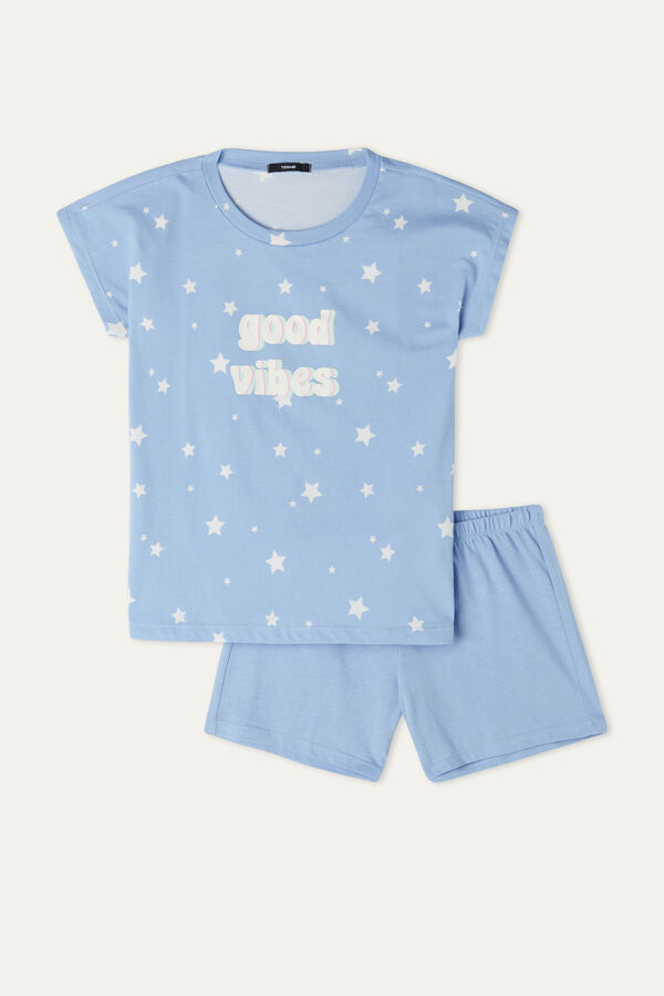Girls’ Short Sleeve Short Viscose Pyjamas with Good Vibes Print  