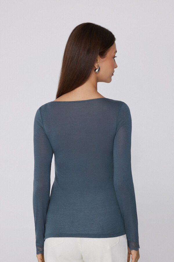 Long-Sleeved Lace/Merino Wool Top with Boat Neck  
