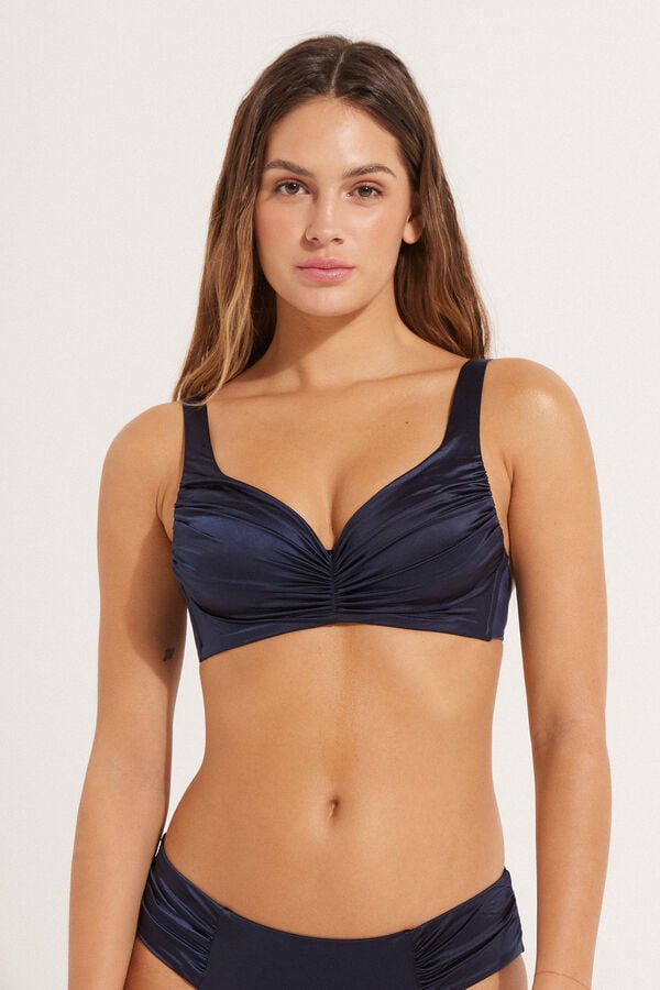 Shiny Navy Blue Padded Balconette Bikini Top  