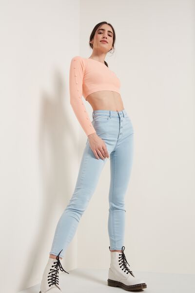 Jeans mit Skinny-Passform, hohem Bund und Knöpfen