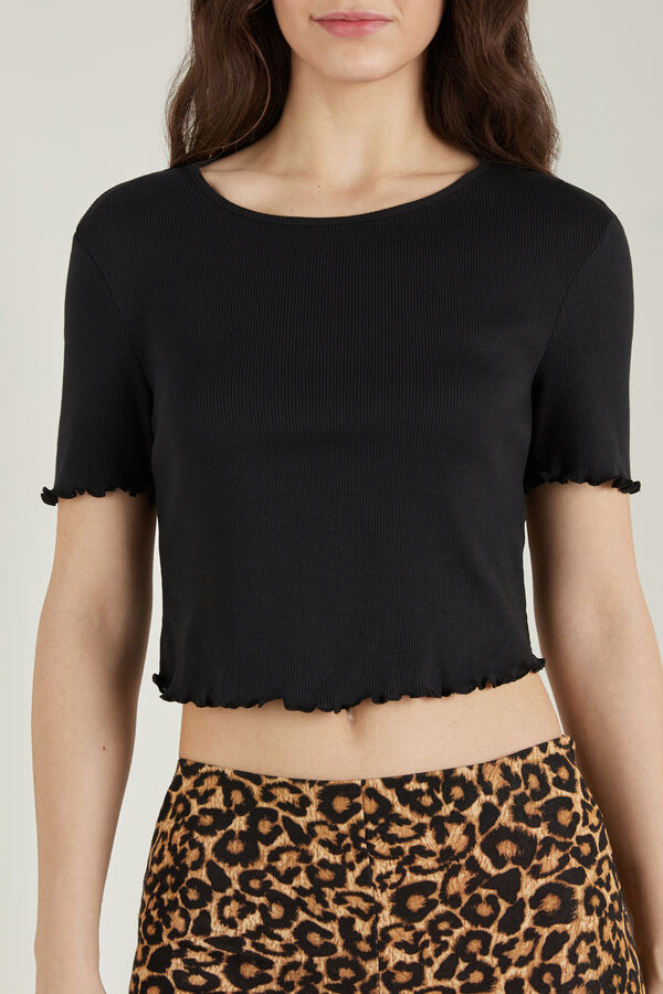 Light Ribbed Cotton Crop Top with Rolled Hem  