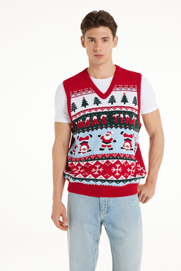 Fully-Fashioned V-Neck Christmas Print Vest  