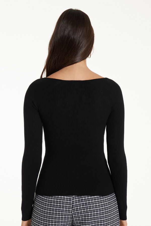 Long-Sleeved Ribbed Wool V-Neck Sweater  