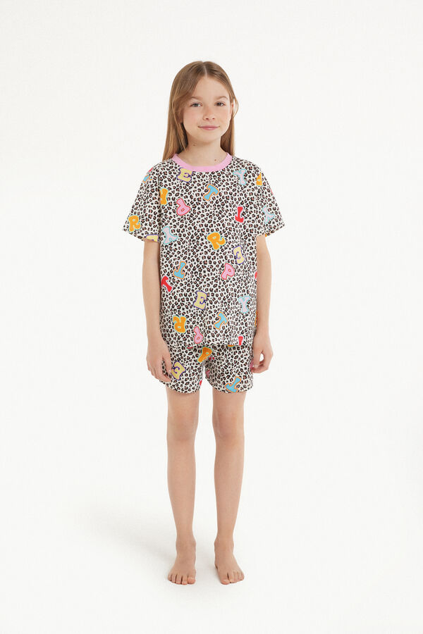 Girls’ Short Sleeve Short Cotton Pyjamas with Animal Print and Letters  
