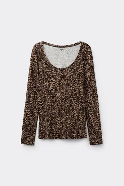 Long-Sleeved Shirt with Wide-Neck and Printed Viscose