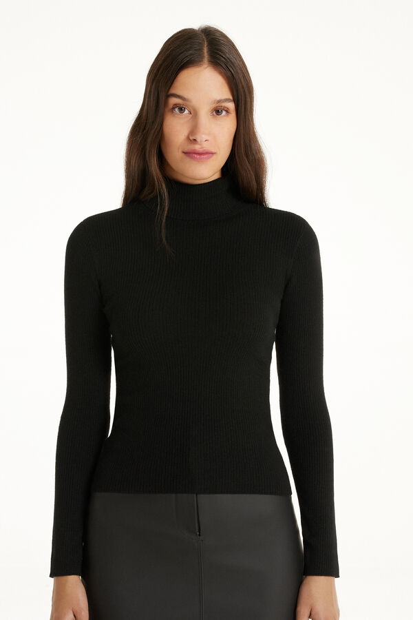 Long-Sleeved Ribbed Polo Neck Heavy Jersey with Wool  