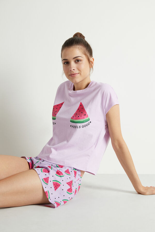 Kurzer Baumwoll-Pyjama mit halblangen Ärmeln und Wassermelonenprint  