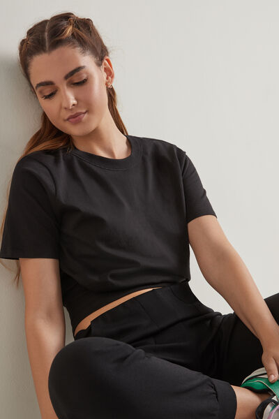 Short Cotton T-Shirt with Ribbed Band