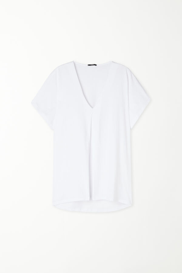 Βαμβακερό T-Shirt Λαιμόκοψη σε σχήμα V με Πιέτα  