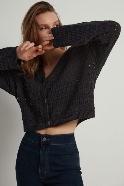 Perforated Fully-Fashioned Short Cotton Cardigan