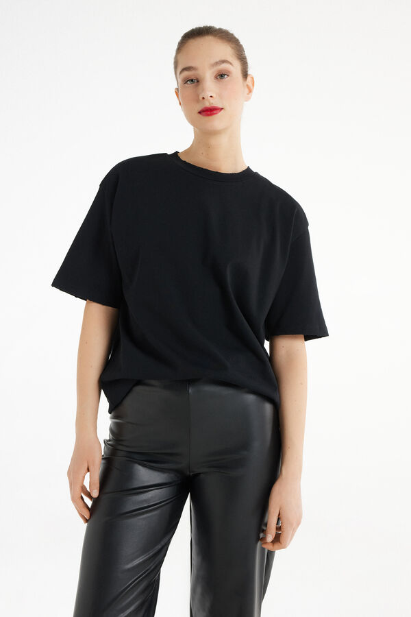 Rounded Neck Cotton T-Shirt with Ripped Hem  