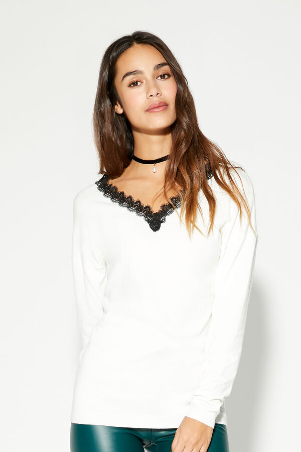 Long-Sleeved Lace V-Neck Top  